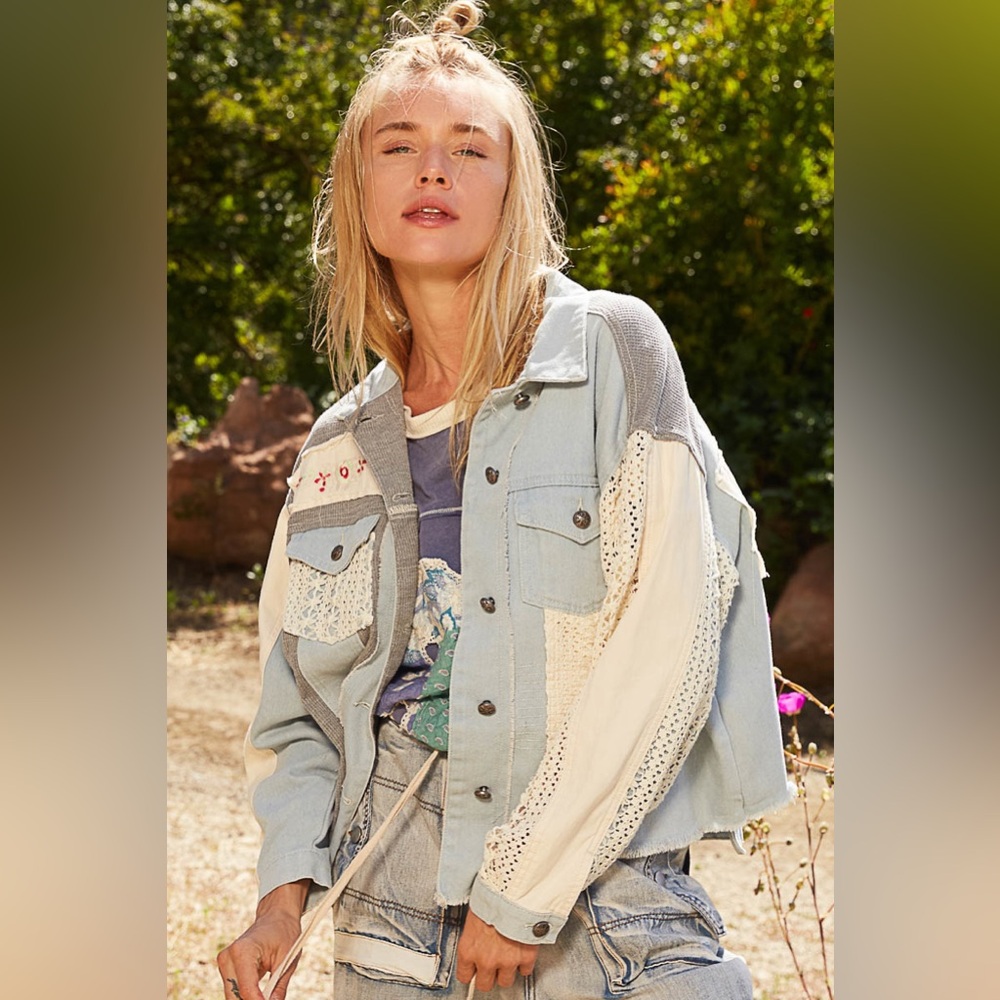 POL Patchwork Light Blue and Cream Denim Jacket